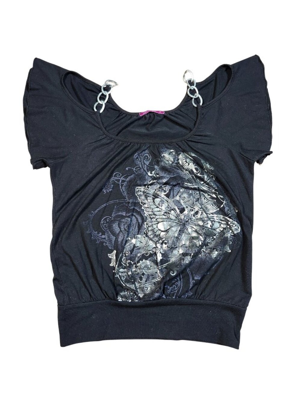 Julies Closet Womens Black Graphic Butterfly Chain Strap Top Size M